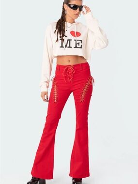 Edikted Red Lace-Up Boot Cut Pants